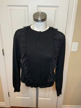 Tomorrowland Black Thin Rib Knit Ruffle Cardigan NWT $320, Size Large